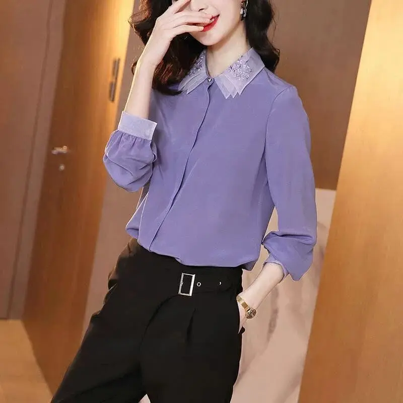 

Purple Blouse Casual Female 2022 Spring New Fashion POLO Long Sleeve Turn Down Collar Embroidery Blouse Female Clothing Tops