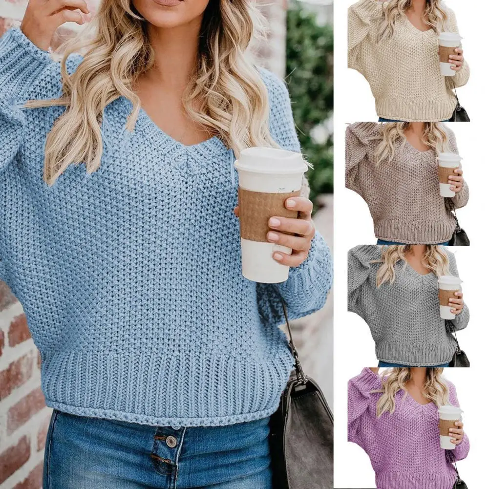 

Autumn Loose Women's Sweater Solid Color V Neck Knitted Casual Braid Lady Pullover for Daily Wear Women's Clothing