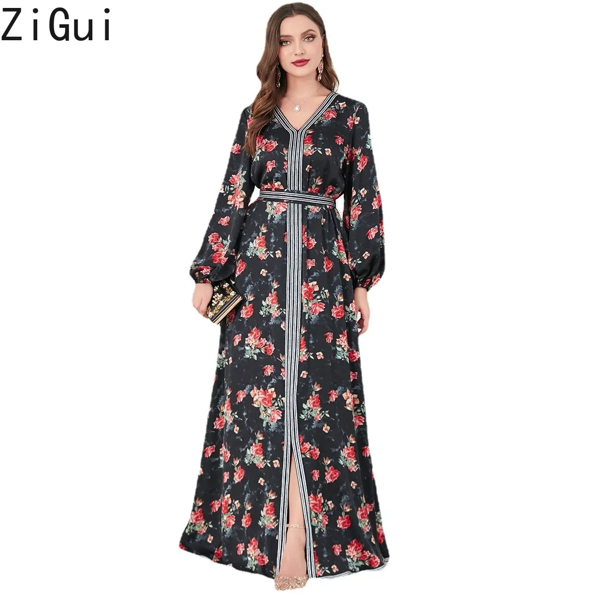 

Zigui Trendy Luxury Woman Evening Dress Red Flower Black Long Sleeve Silver Belted Hem Slit Muslim Abaya Dress Ramadan