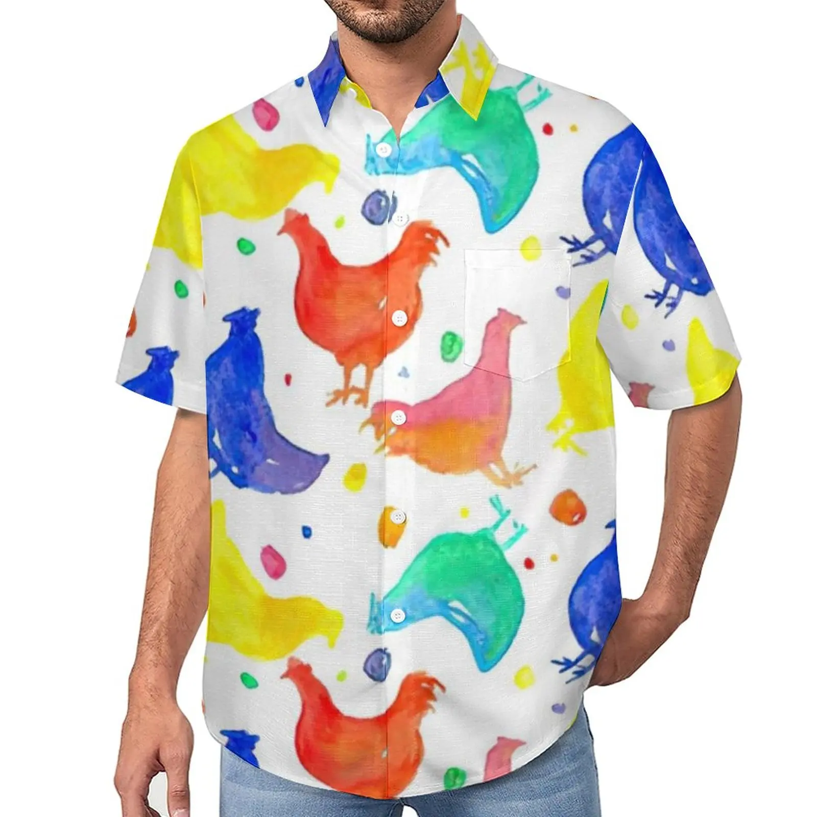 

Colorful Chicken Loose Shirt Beach Watercolor Animal Print Casual Shirts Hawaiian Design Short Sleeve Novelty Oversized Blouses
