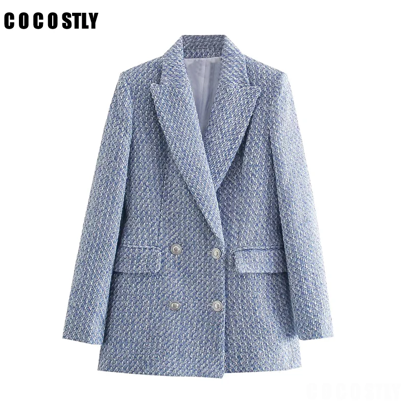 

Tweed Women Blazer Jacket 2023 New Office Lady Solid Color Double Breasted Button Up Coat Casual Girls Streetwear blouson femme