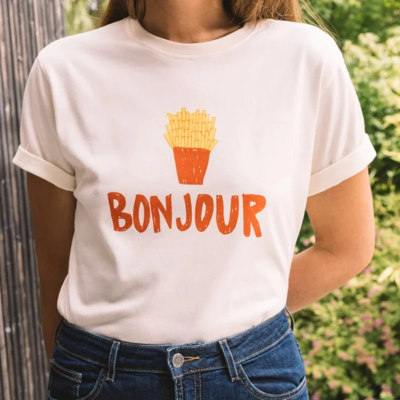 

Summer New Round Neck French Fries Letter Printing White Pullover Casual Ladies T-shirt
