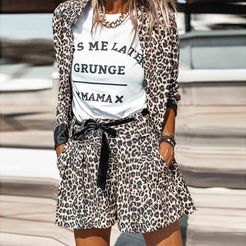 

2022 Spring and Autumn European and American Women's Wear Leopard Print Suit Jacket Casual Shorts Suit Women
