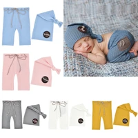 2 pcs newborn photography props costumes knitted baby pantshat set infants trousers long tail knot cap fotografia outfits