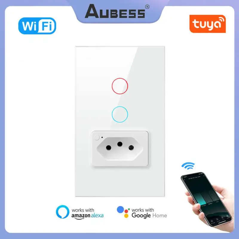 

Tuya WiFi Switch Socket Brazil Standard 4X2 Glass Panel 1/2 Buttons Smart Light Switch Works With Alexa Google Assistant