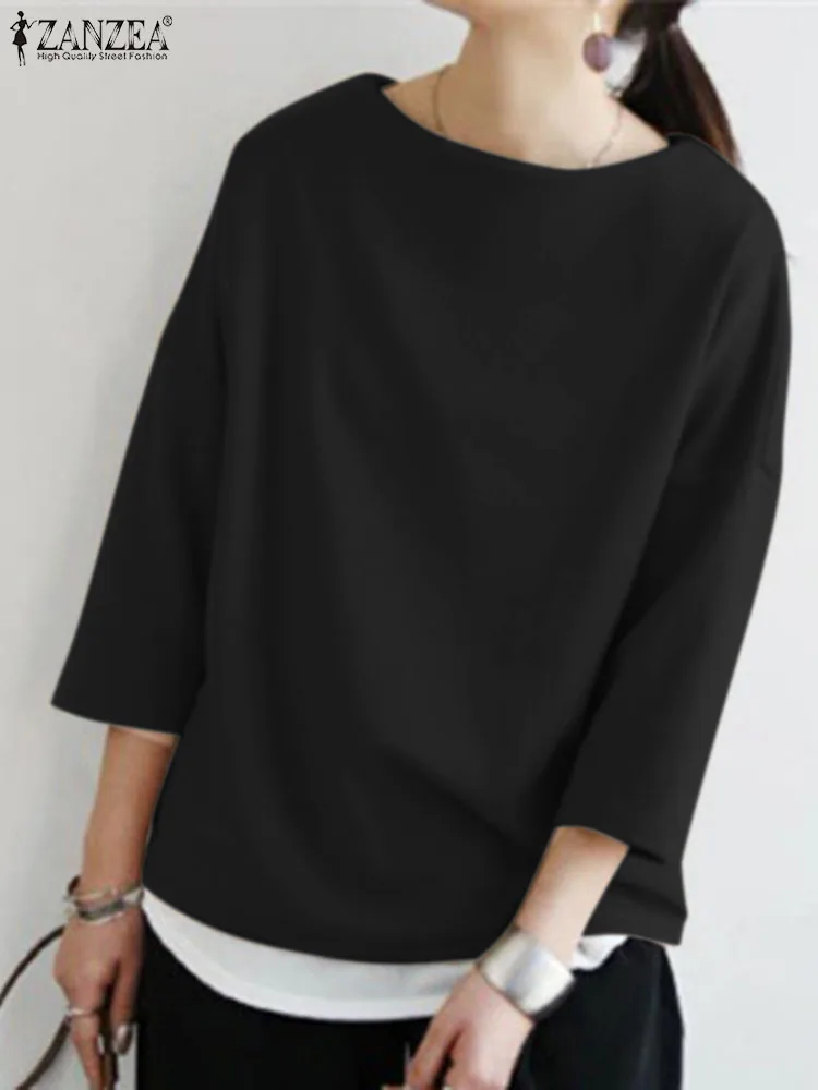 

ZANZEA Autumn Women's Blouse Stylish Elegant Tops 3/4 Sleeve O-Neck Solid Color Blouses Female Oversized Tunic Casual Chemise