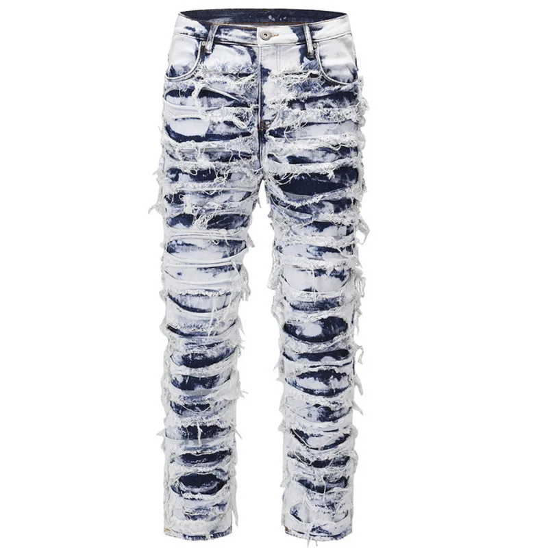 

High Street Ripped Jeans Fashion Washed Blue Hole Blue Cow Cat Beard Denim Pants Zipper Used Beggar Pants Bootcut Jeans For Men