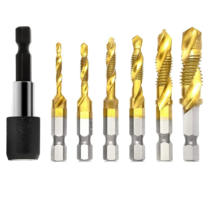 

Hot 7Pcs Combination Drill And Tap Bit Set 3-In-1 Coated Screw Tapping Bit Tool For Drilling Metric Thread HSS M3-M10