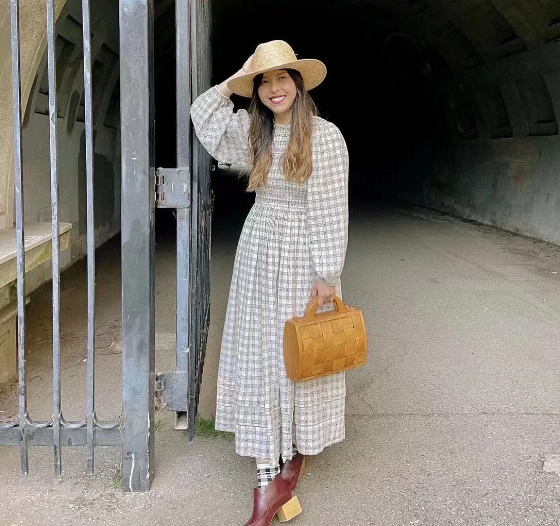 

Women Vintage Style High Elastic Geometric Pattern Lantern Sleeve Maxi Long Linen Dress