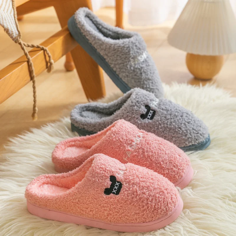 

Cute Cotton Fluffy Slippers Female Women Autumn Winter Faux Fur Home Cartoon Plush Couple Warm Indoor Soft-soled Slippers Male