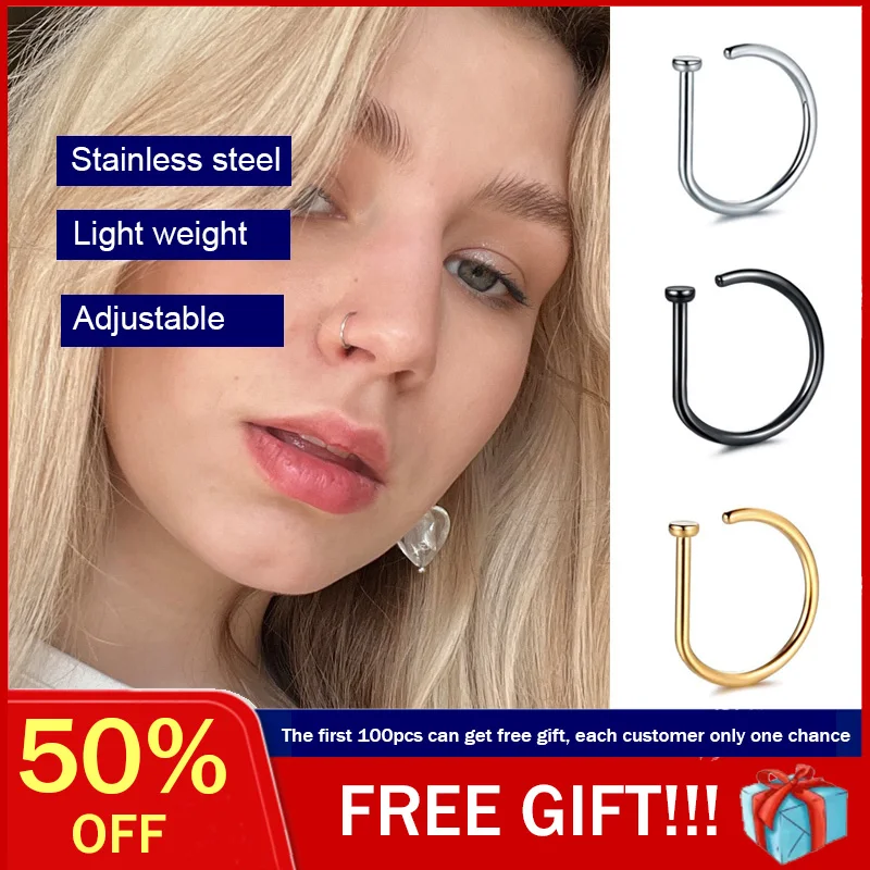 

Goth Women Men Fake Non Piercing Nose Stud Cuff Rings Clip Septum Stainless Steel Body Jewelry Curved D Shaped Y2k Accessories