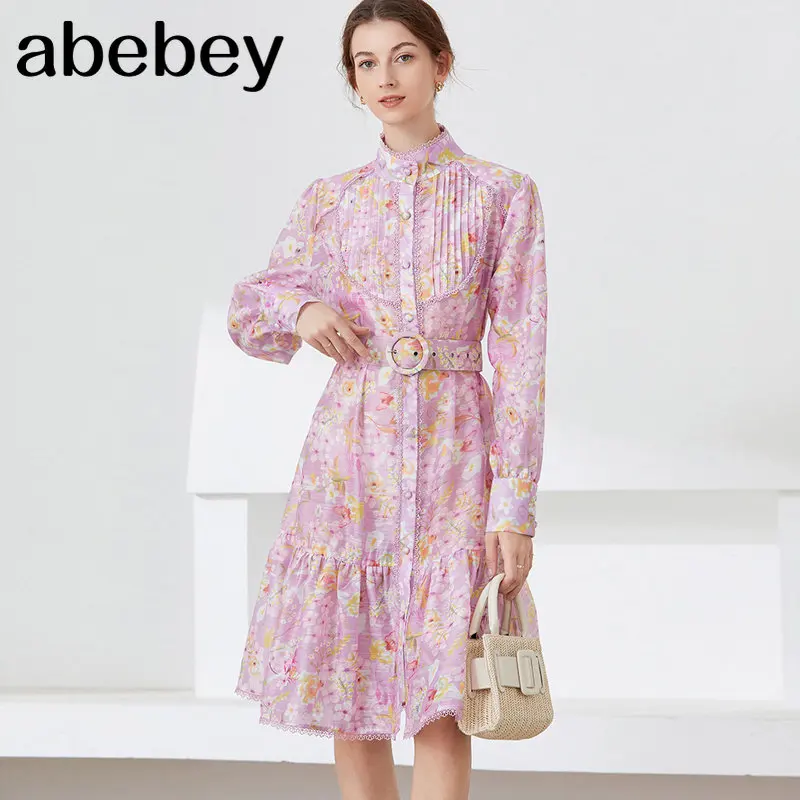 

Women Fashion Long Sleeve Floral Print Lace Pachwork High Quality Party Dresses Single Breasted France Chic Vestidos Za