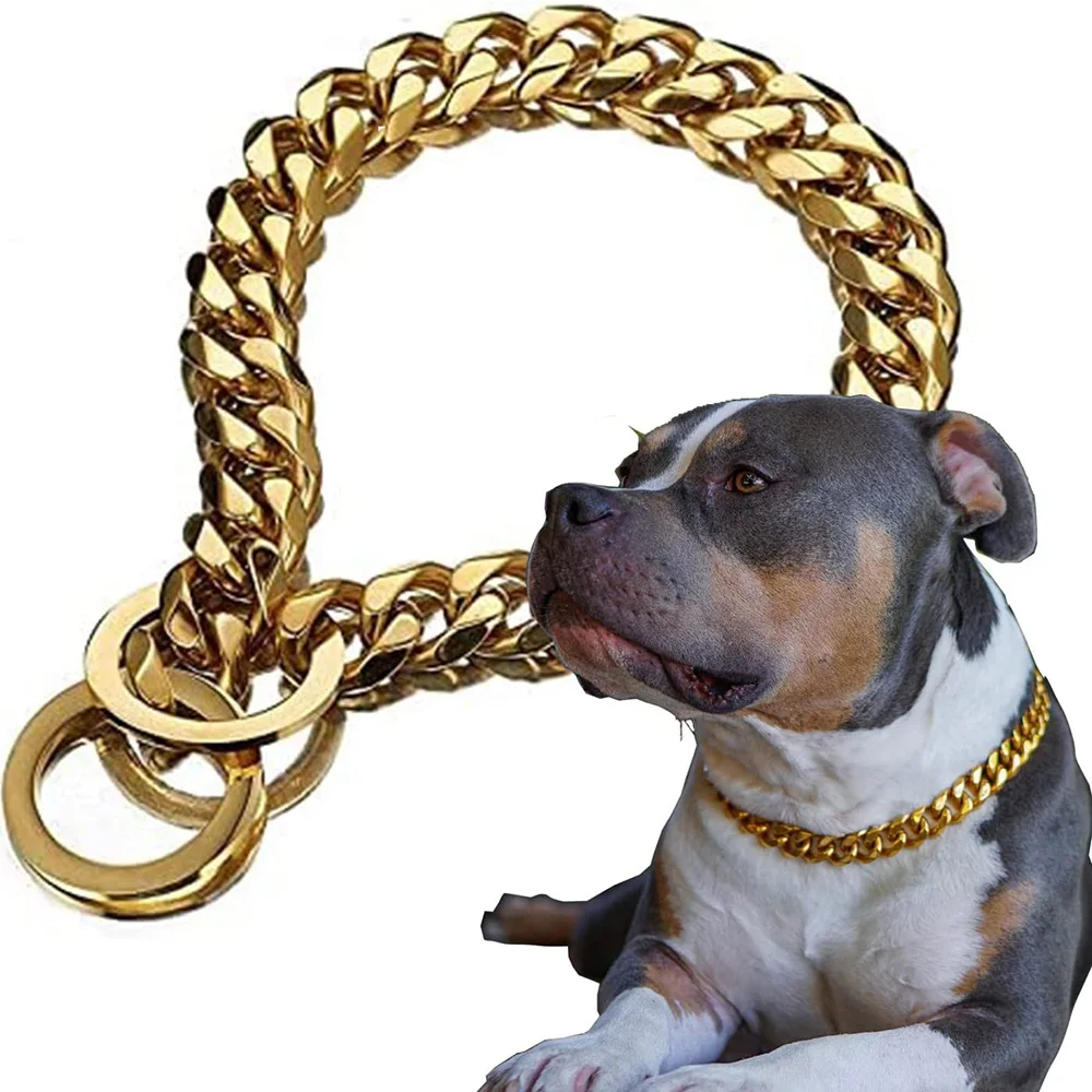 

Link Gold Necklace Cuban Chain Fashion Pet Jewelry Dog 15mm Heavy Duty Dog Collar Wide Collar Dog Chain Slip Metal Accessories