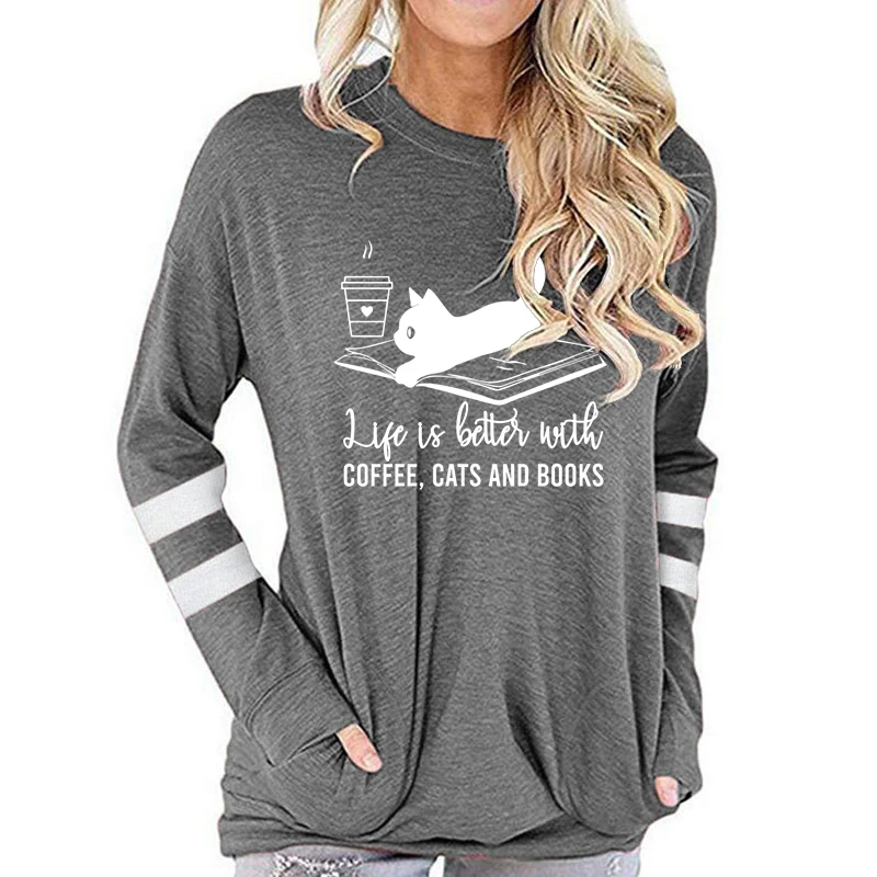 Женская хлопковая футболка с длинным рукавом принтом кофейного кота и книг
