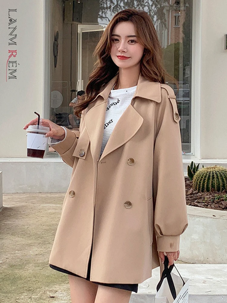 

LANMREM Belt Short Trench For Women Laple Long Sleeve Double Breasted Slim Casual Loose Windbreaker 2023 New Autumn 2L2096