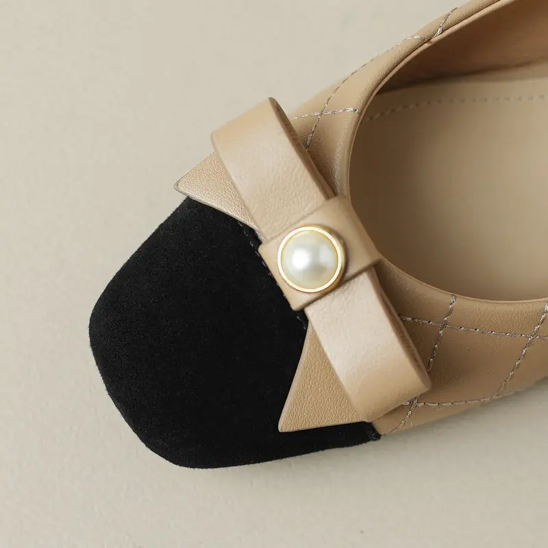 Sweet Comfortable Soft Flats Girls Cow Leather Shoes Summer 2023 Argyle Patchwork Size 34-40 Square Toes Casual Daily Footwear