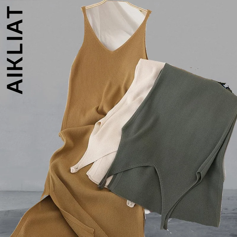 

Aikliat Women Dress New Stylish V Neck Solid Knitted Dresses Streetwear Basic Soft Vestidos Female Dresses Woman