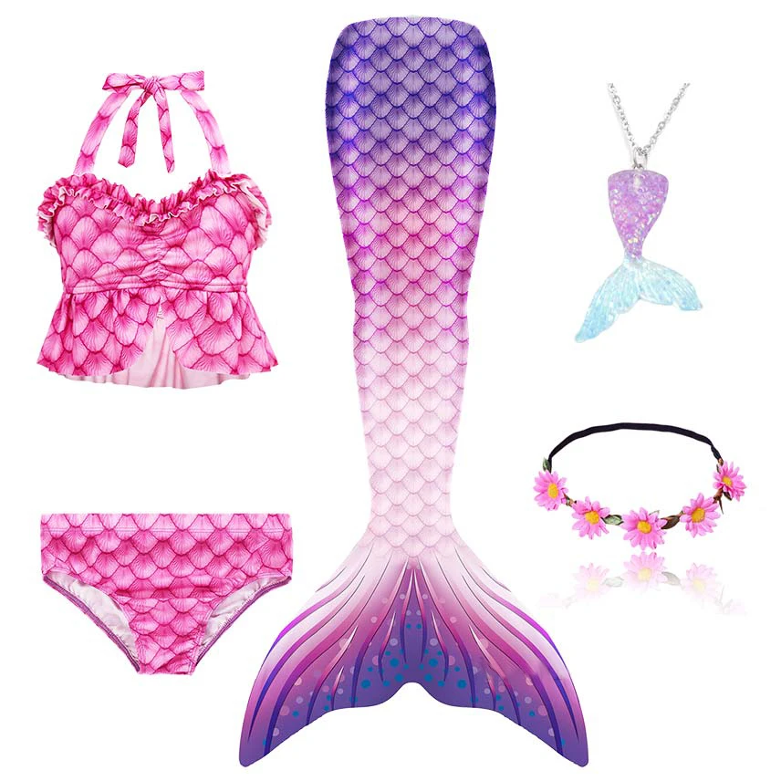 

5pc Girls Suit Halloween Kids Swimmable Mermaid Tail for Girls Swimming Bating Suit Mermaid Costume Swimsuit can add Monofin Fin