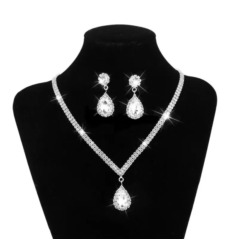 

New in Drop Rhinestone Long Pendant Full Crystal Silver Plated Necklace & Earrings Elegant Bridal Wedding Jewelry Set y2k ha