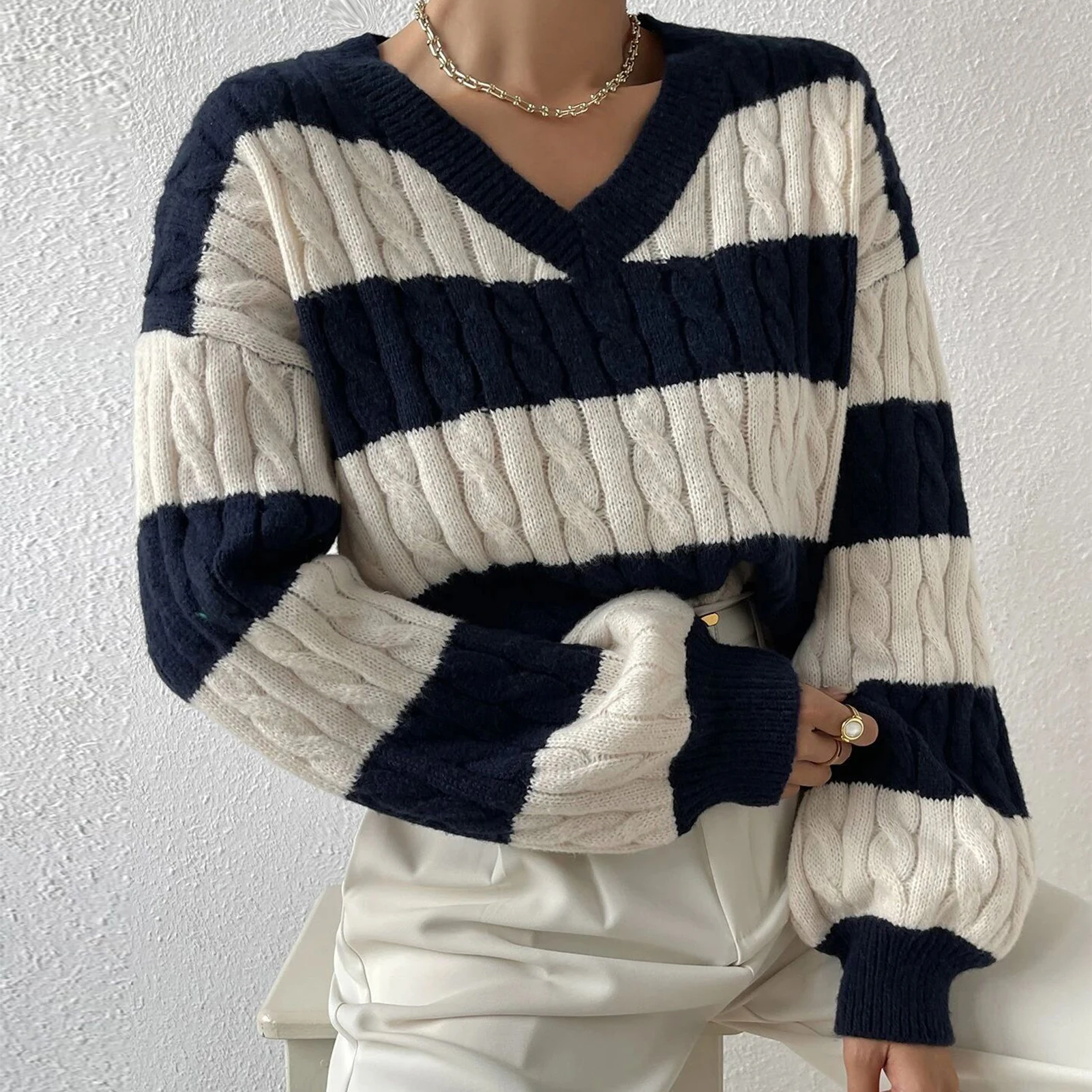 

Women Pullover Long Sleeve Striped Ladies Drop Shoulder Sweater Fashion Simple Knitwear V-Neck Contrast Casual Sweater Shirt