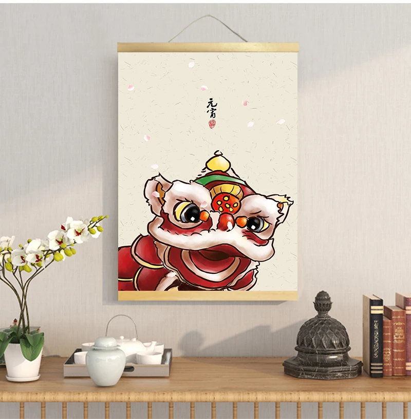 Chinese style green plants canvas decorative painting Store bedroom living room wall art solid wood scroll customizable |