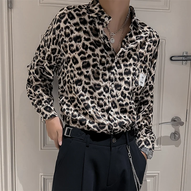 2022 New Fashion Leopard Shirts for Men Long Sleeve Loose Casual Shirt Social Nightclub Streetwear Camisa Masculina Men Clothing