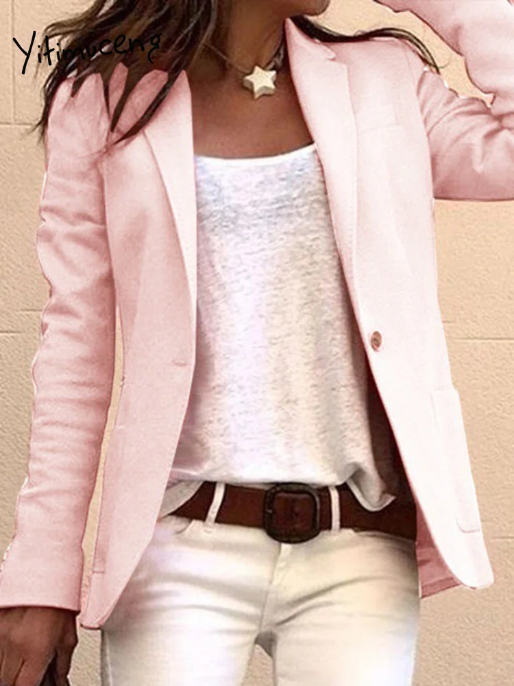 

Babyoung Blazers Woman Solid Single Button Turn-down Collar Long Sleeve Pockets Fashion 2023 Office Lady Coats Apricot Black