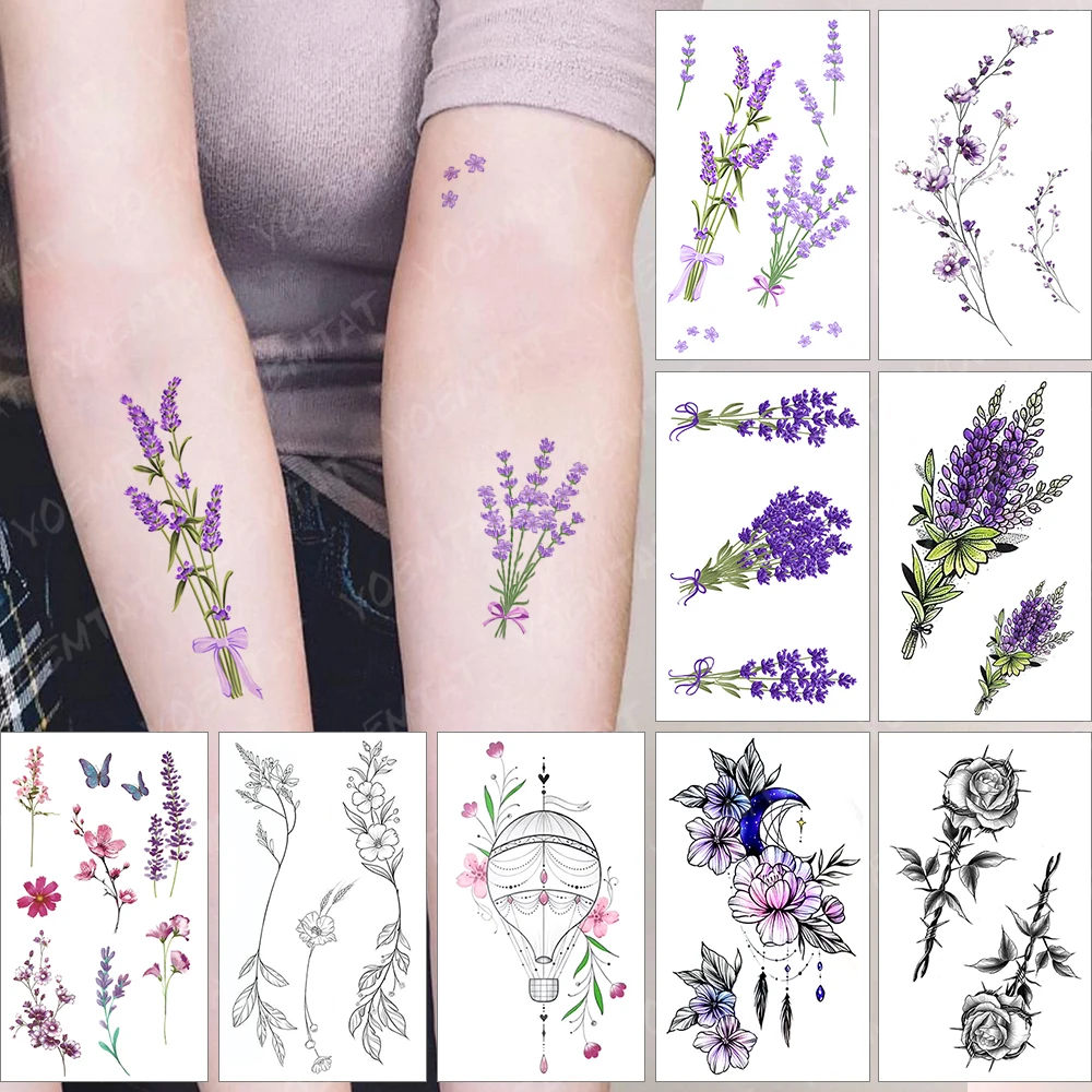

Waterproof Temporary Tattoo Sticker Watercolor Romantic Lavender Flowers Flash Tatoo Arm Wrist Fake Tatto For Body Art Women Men
