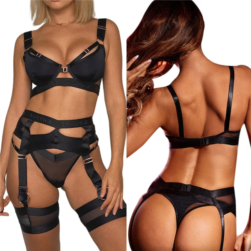 

Women Sexy Lingerie Set Female Babydoll Erotic Black Hollow Out Deep V-neck Bra+Elastic Waist Panties+Waist Warp Exotic Sets