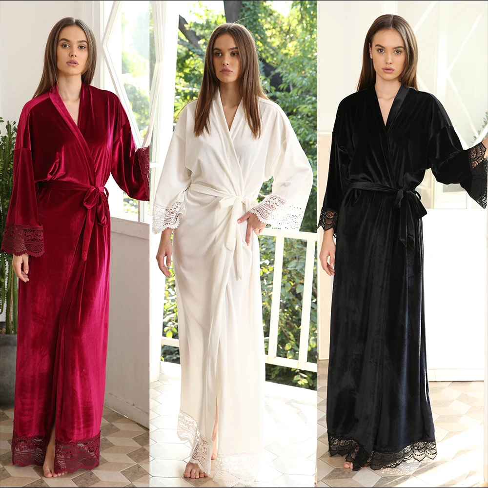 Owiter Women Long Solid Velvet Robe Bridal Robe Bridesmaid Robes Lace Trim Wedding Robe Sleepwear Bathrobe Dressing Long Gowns