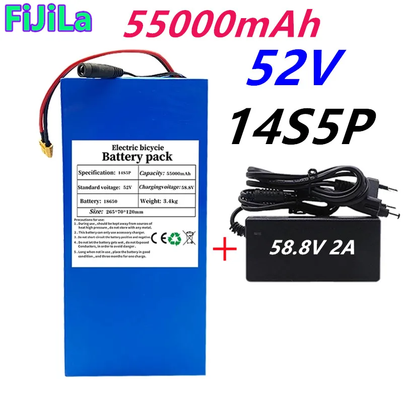 

Batterie au Lithium 52V 14S5P 55000mAh 18650 1500W, pour Balance de vélo électrique, tricycle, chargeur 58,8V 2a