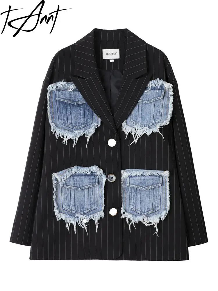 

Женский Джинсовый блейзер в стиле пэчворк, зимняя куртка оверсайз с полосками, винтажный Свободный Повседневный длинный костюм, пальто, новинка 2023