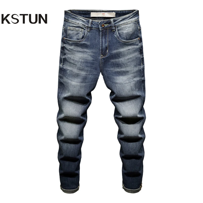 

KSTUN Jeans For Men 2022 Trend Stretch Fashion Brand Casual Pants Men's Straight Jeans Blue Streetwear Male Denim Trousers Homme