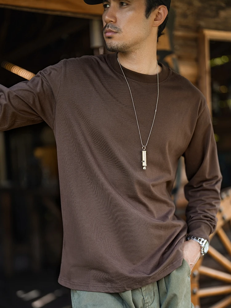Brown Cotton Long sleeves Shirt Men's Loose round Neck Pullover Undershirt Youth T-shirt Spring and Autumn Hoodie New