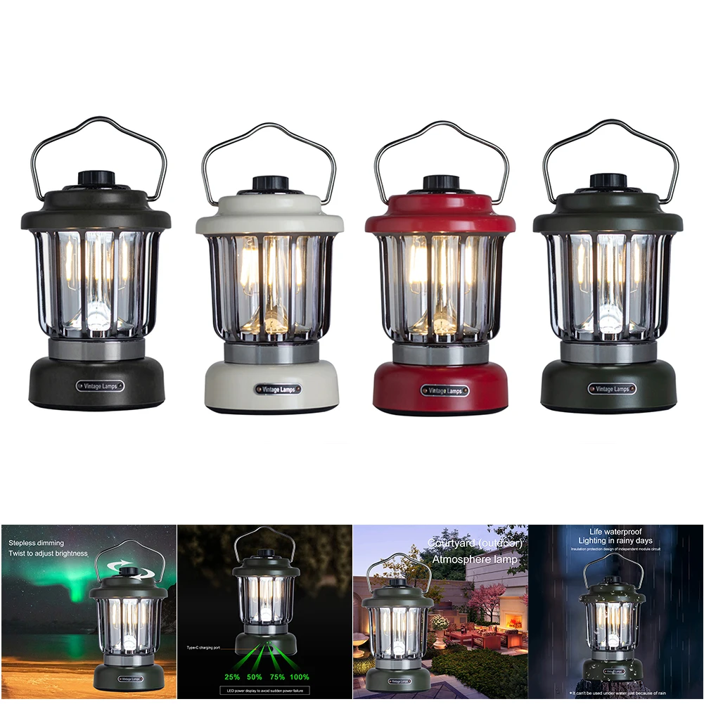 

Retro Tent Lighting Lantern Portable Multifunctional Camping Lights Type-C Rechargeable for Outdoor Travel Garden