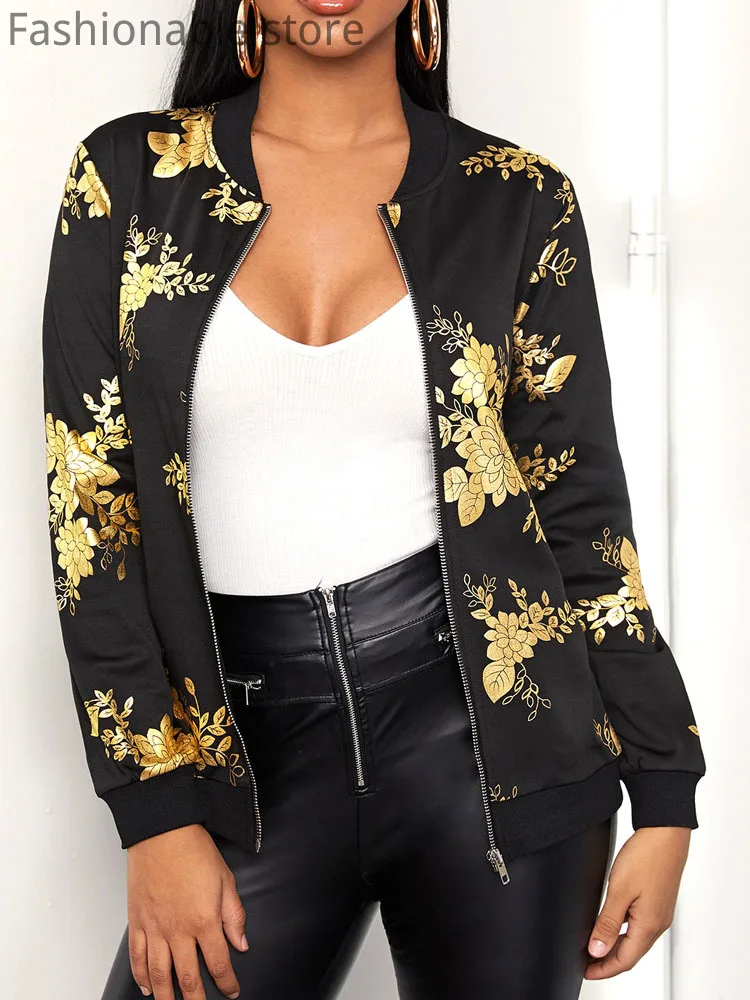 

Women Slim Print Long Sleeve Zipper Thin Jacket Coat