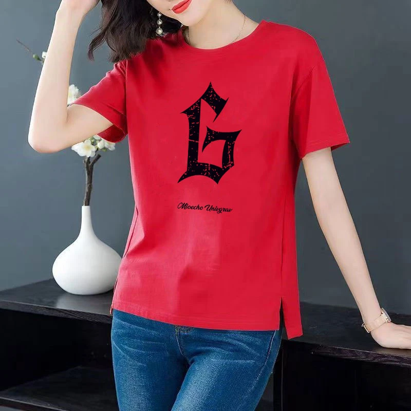 

T-Shirt Other None Letter Crew neck Cotton Pullover Women Casual Regular Summer T-Shirts Short Sleeve