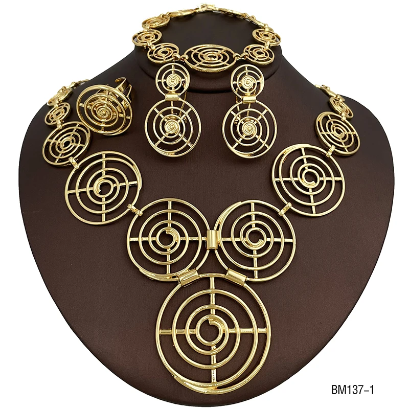 

Italian Gold Plated Jewelry Set Round Shape Design Earrings and Necklace Bangle Ring 4Pcs Set for Anniversary Bridel Party Gifts