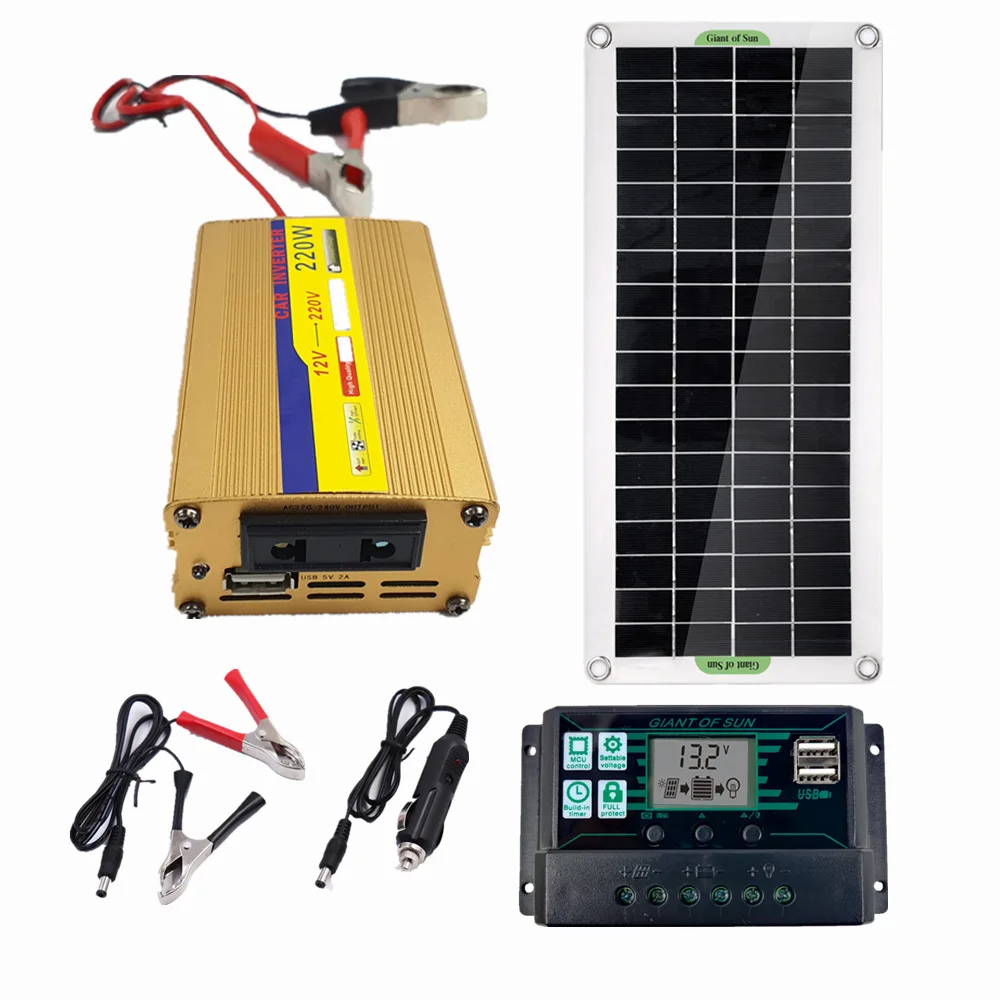 Solar Power System 220V 30W 60A Controller Solar Panel Battery Charger 220W Inverter USB Kit Complete Home Grid Camping Power