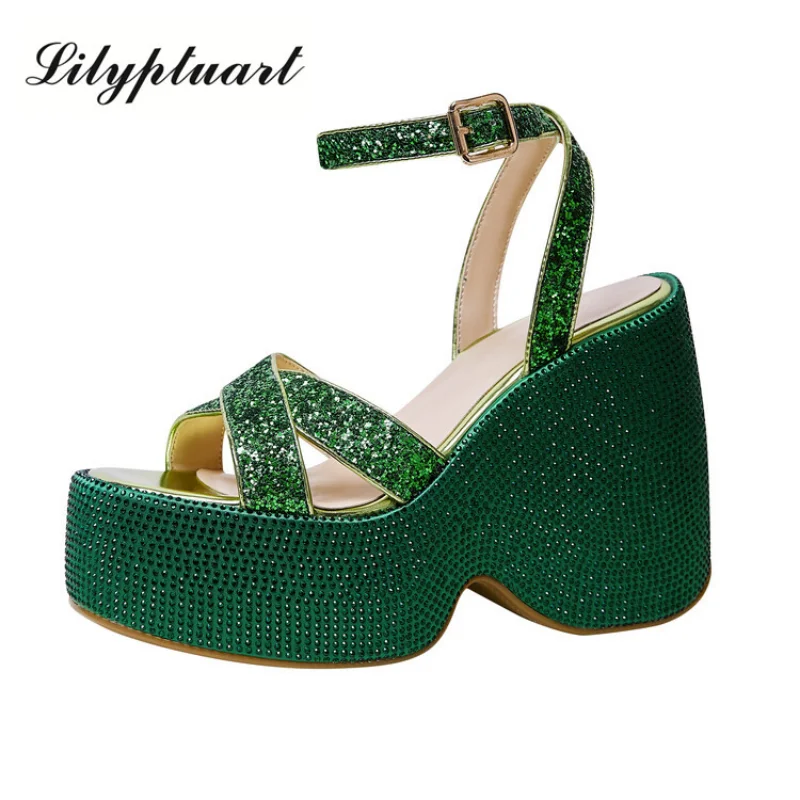 

Новинка весна-лето 2023 женские модные элегантные Стразы с блестками сандалии на высоком толстом каблуке с пряжкой обувь для вечевечерние