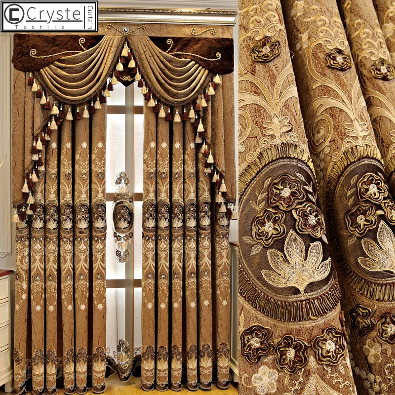 Curtains medium Curtains for Living Dining Room Bedroom Luxury European Velvet Sheer Gold Print High Shading Window Embroidered Chenille Valance voile curtains