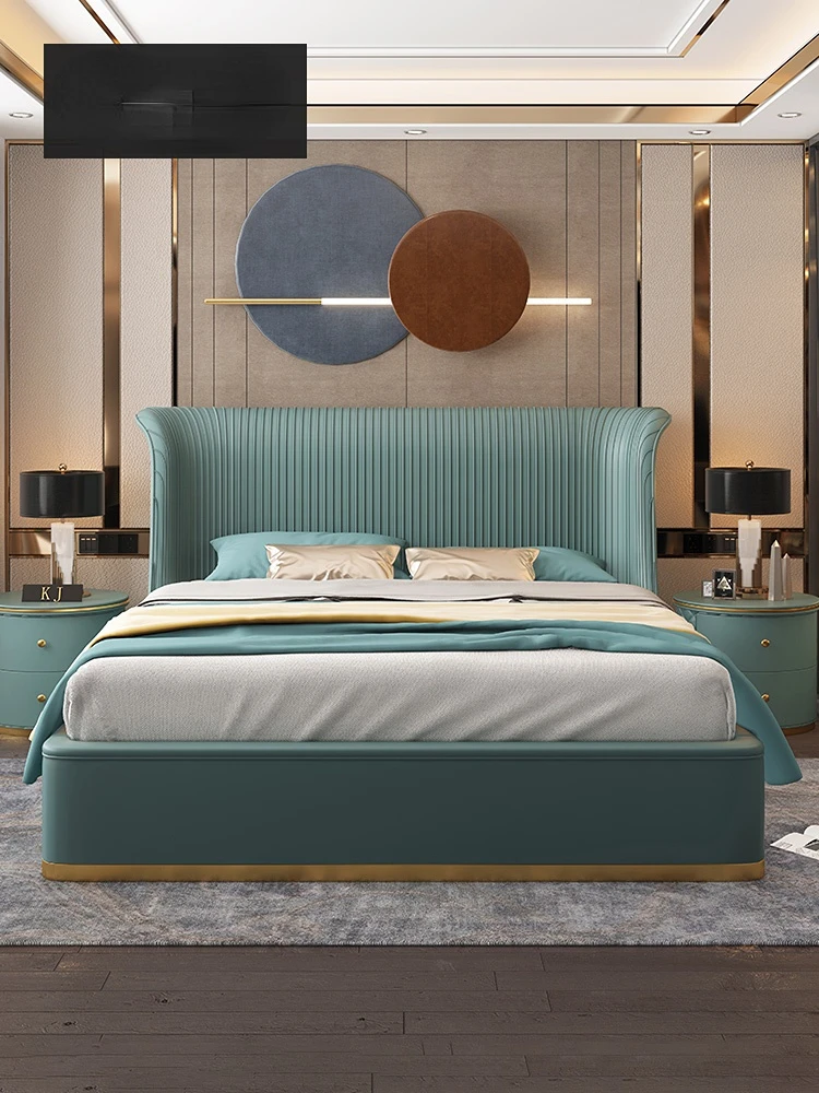 

Светильник роскошная кожаная двуспальная кровать, кровать для мастера, мягкая Минималистичная современная мебель