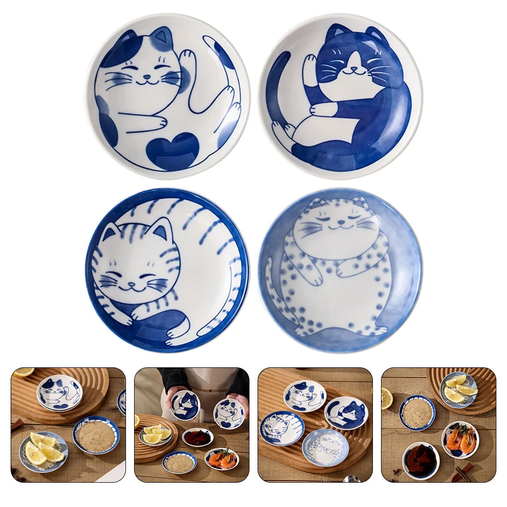 

4 Pcs Soy Sauce Dish Small Dessert Plate Butter Dipping Ingredient for Prep Dishes Ceramics Willow