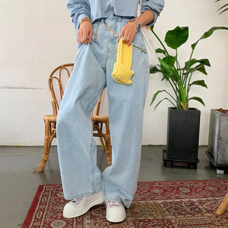 

Fashion Baggy Jeans Korean Wide-leg Casual Street Denim Trousers High-waisted Straight Plus Size Washed Light Blue Mopping Pants