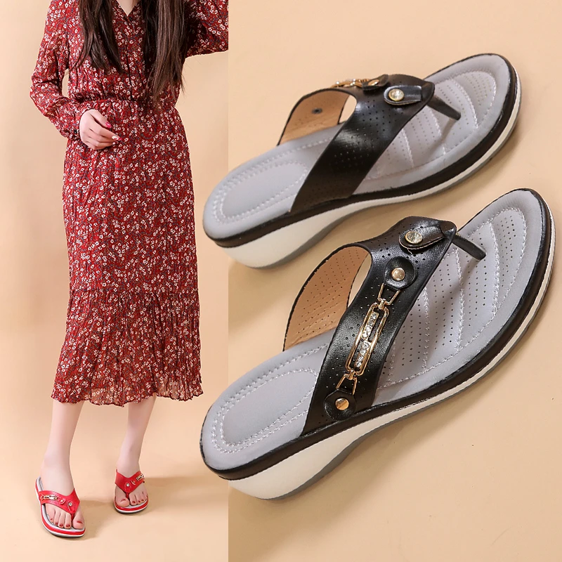 

Summer Women's Slippers Fashion Light Casual Metal Button Wedge Flip Flops Slides Shoes Platform Beach Sandals Plus Size 35-43
