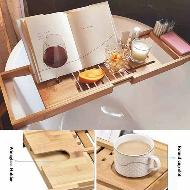 

Hot-Extendable Bamboo Bathtub Tray Nonslip Bath Tray Spa Bathtub Caddy Organizer Book Wine Tablet Holder Reading Rack