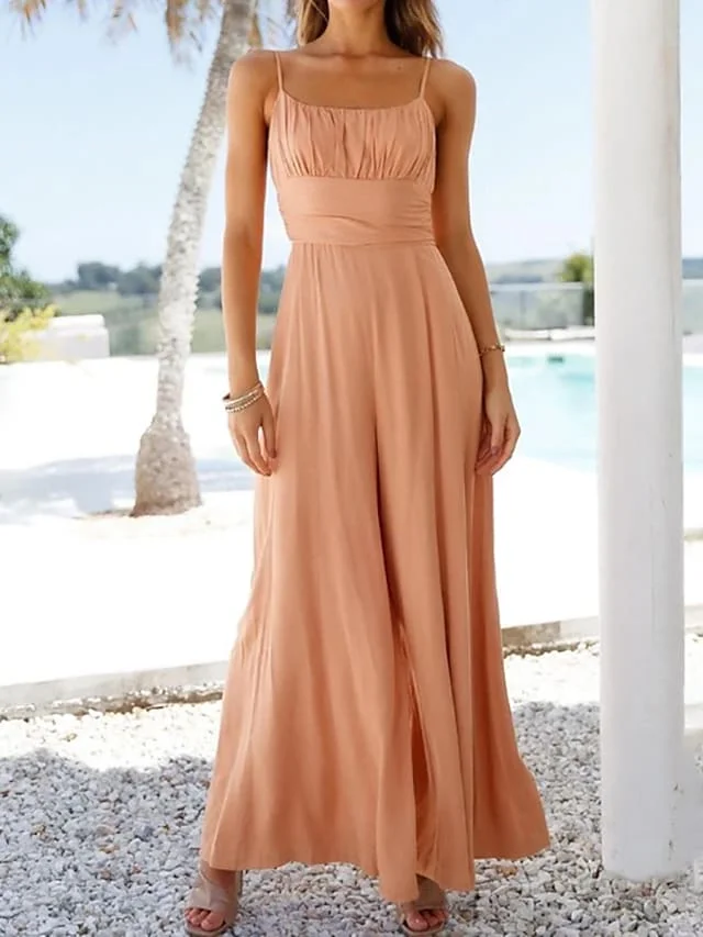 

Women's Jumpsuit Solid Color Square Neck Elegant Party Regular Fit Spaghetti Strap Khaki S M L Summer