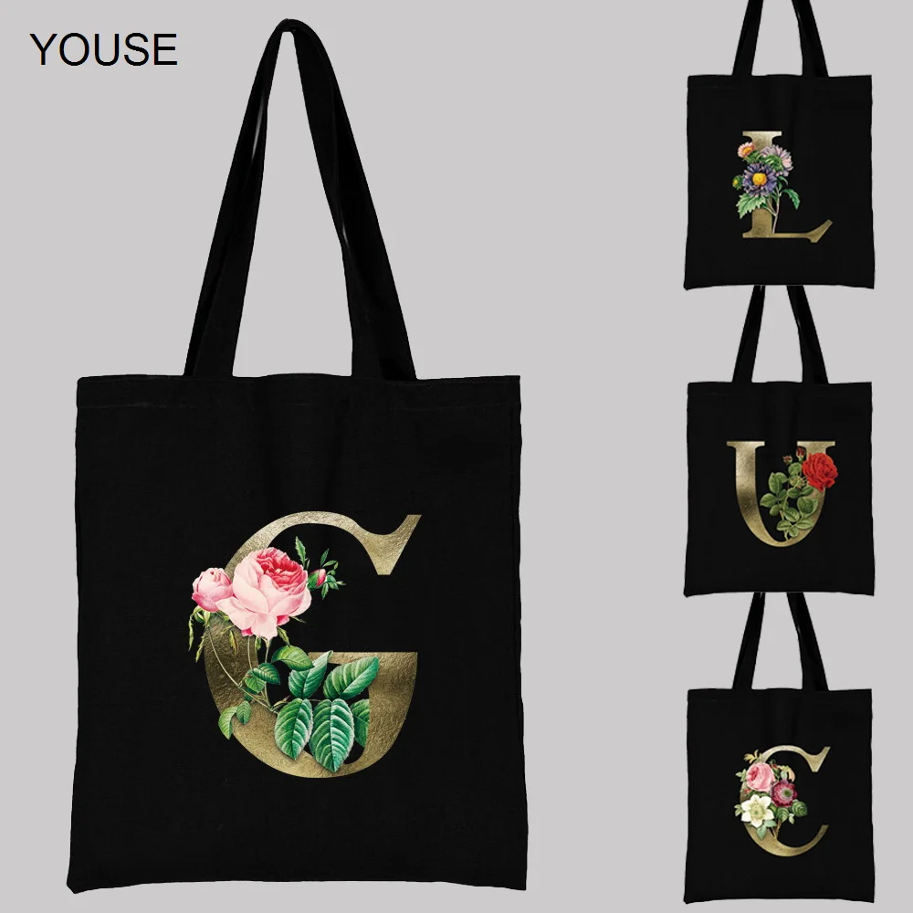 

Женские складные сумки для покупок для продуктов, сумка-тоут с золотым цветочным узором и надписью, Студенческая Экологически чистая моюща...