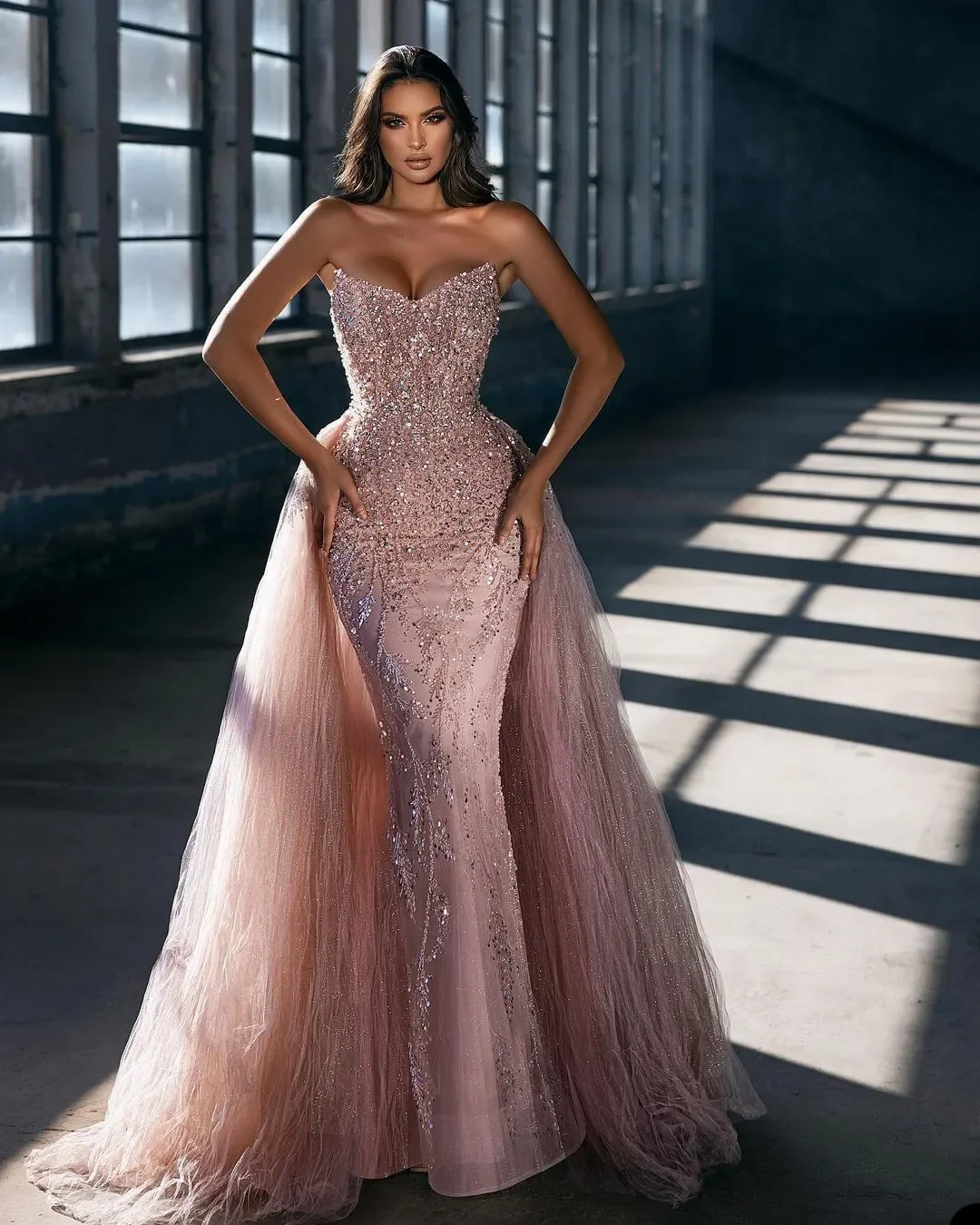Фото Customized Rose Gold Evening Prom Dresses Sequins Beaded Sexy Detachable Trailing Lace Plus Size Formal Party Engagement Gowns №2