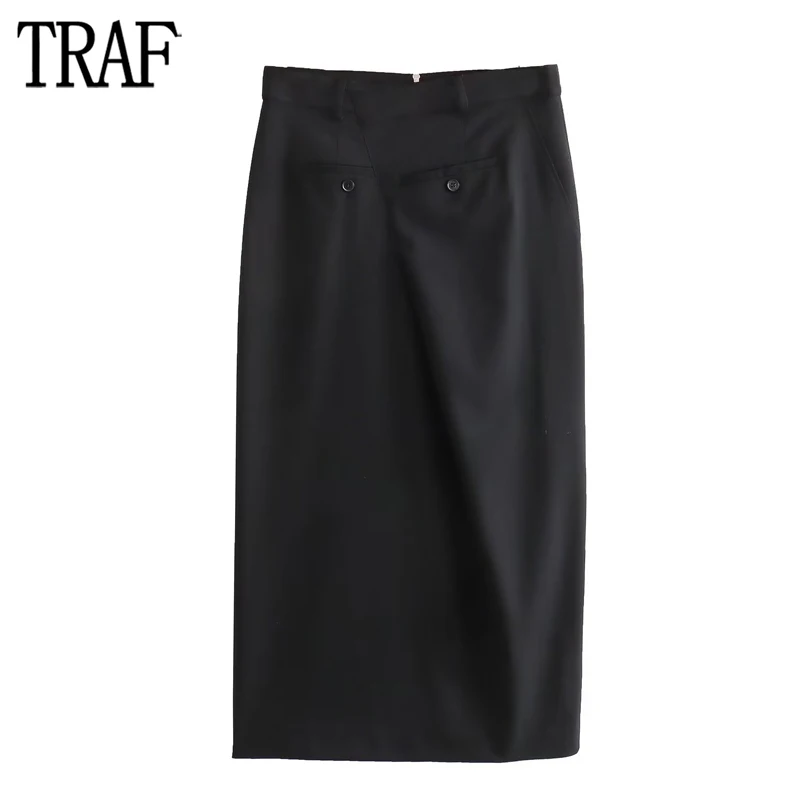 

TRAF Asymmetric Long Skirts for Women Black Low Rise Midi Skirt Women Autumn Zip Office Woman Skirt Button Slit Women's Skirts